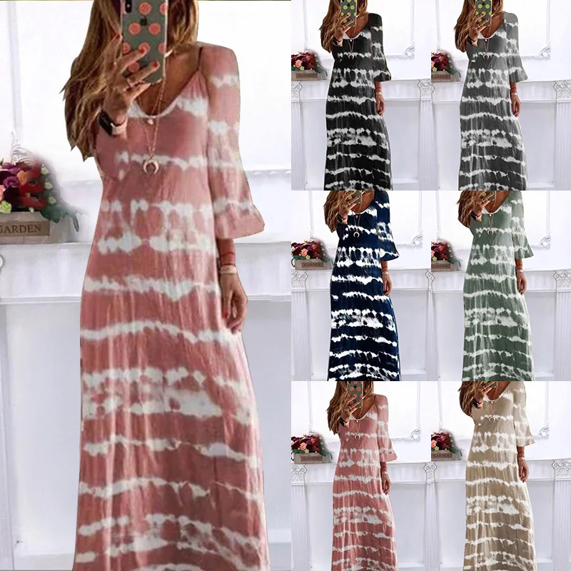 

Spot Summer New Popular European and American Women's Loose V-neck Printing Long Dress Om9286 Dresses Women