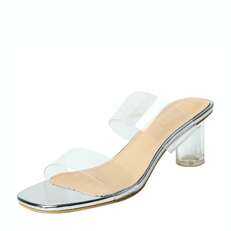 

women's shoes high heels slippers women's open toe crystal thick heel transparent square fashion new color matching