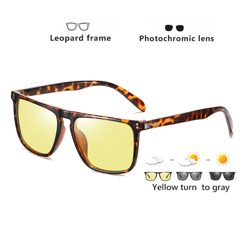 Brand Designer Rivet Square Photochromic Polarized Sunglasses Tony Stark Men Unisex Retro Sun Glasses Women gafas de sol hombre - Цвет линз: Leopard-Yellow