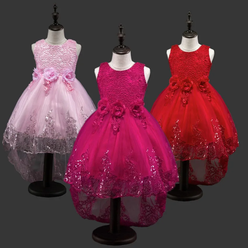 Вязаное платье без рукавов для девочек юбка со шлейфом и цветами свадебные