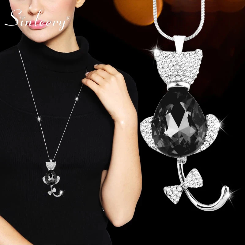 Ожерелье SINLEERY с подвеской в виде кошки из черного стекла длинное ожерелье для