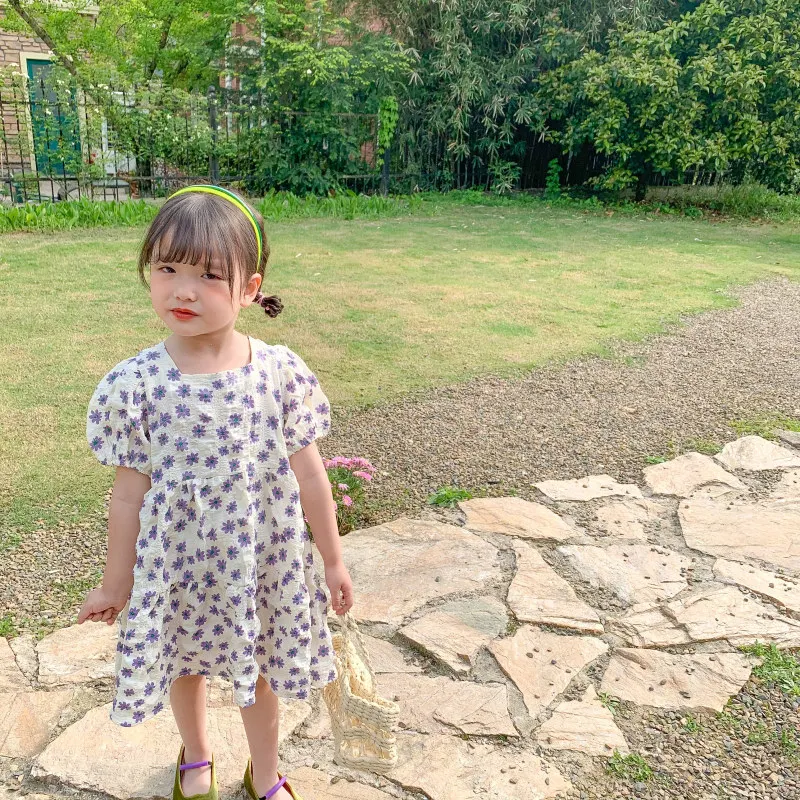 

2-6 Yrs Older Kid Girls Floral Dress Baby Foreign Style Puff Sleeve Short Sleeve Dress Round Neck Dresses for Kid Cute Baby Girl
