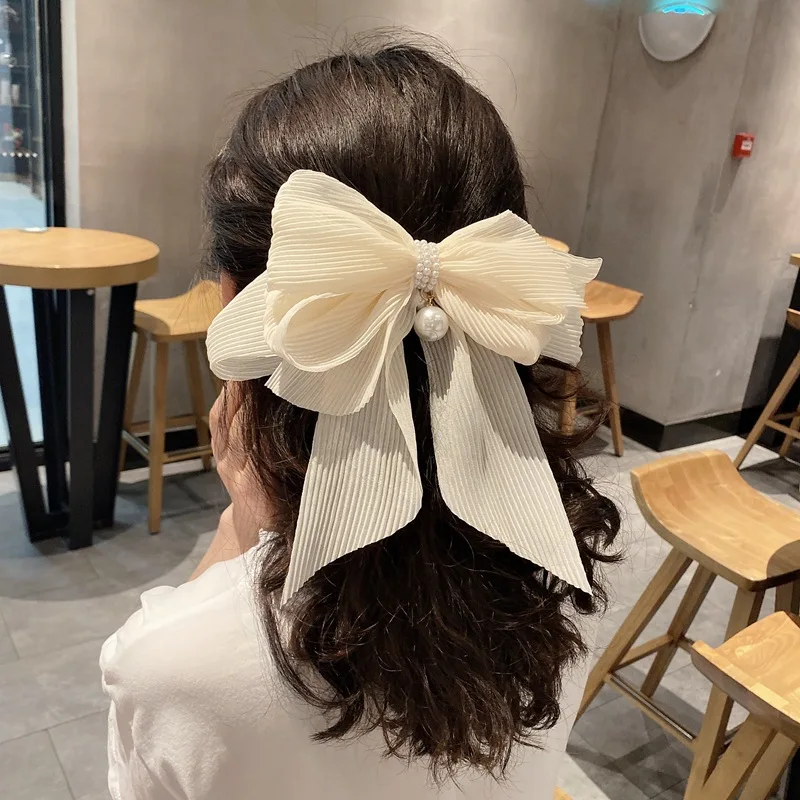 

Female Pearl Bow Summer Large Bow Hair Clips for Girls Super Fairy Ribbon Spring Hairpins Hairgrip Korean Hair Accessories