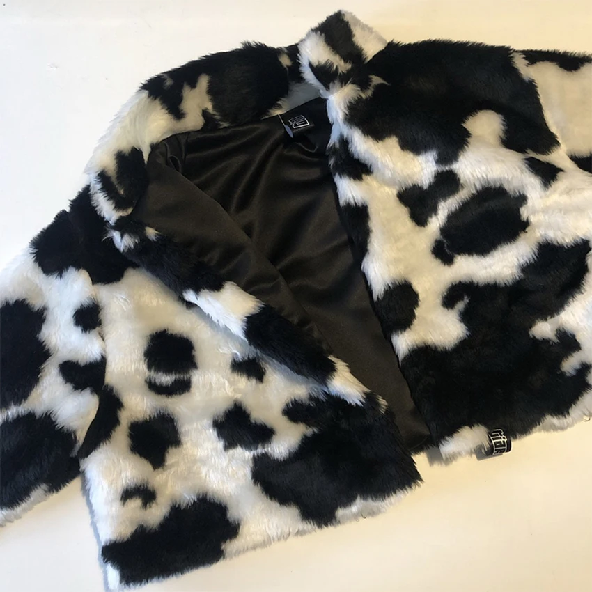 

Y2K Hot Punk Casual Street Cow Pattern Short Coats Gothic Women Fashion Dark Vintage E-Girl Faux Fur High Waist Slim Coat Jacket