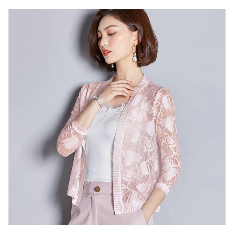 Женская ажурная кружевная куртка тонкая винтажная Короткая шаль с рукавом три