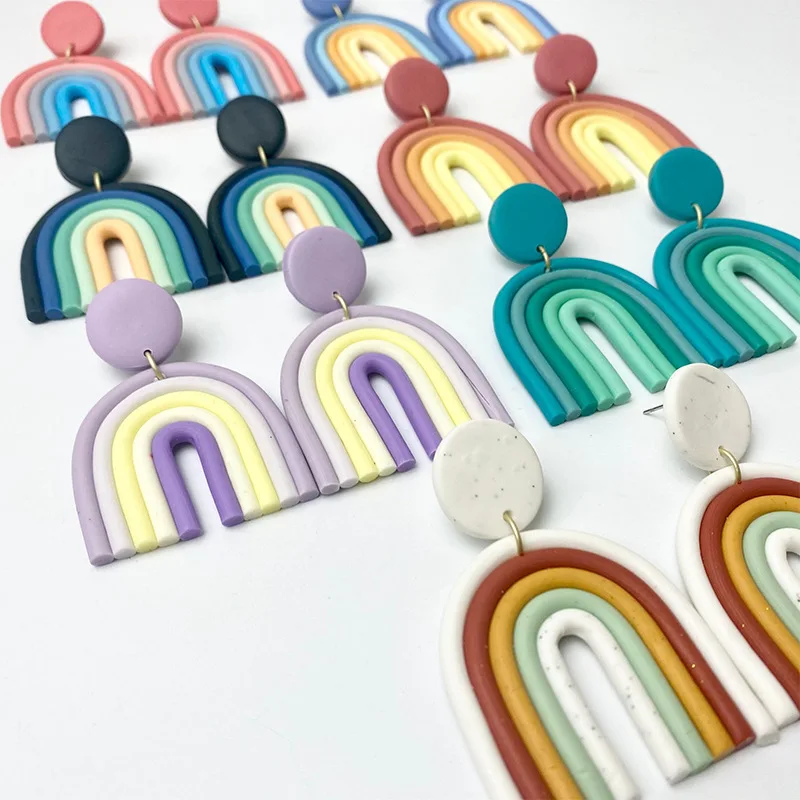 

Minar Cute Rainbow Polymer Clay Earrings for Women 2021 U Shape Geometric Clay Drop Dangle Earrings Statement Holiday Jewelry