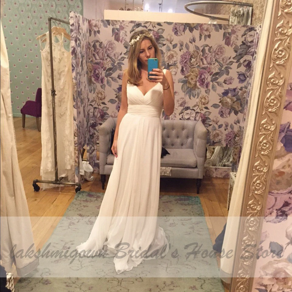 

Lakshmigown Simple Chiffon Long Wedding Dress Beach 2020 Robe Mariee Chic Bridal Gown V-Neck Boho Wedding Dresses Open Back