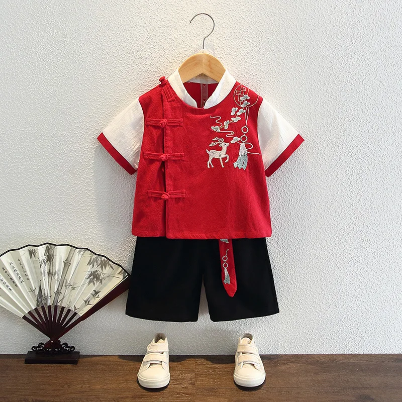 Летний костюм Hanfu в китайском стиле ретро с коротким рукавом для мальчиков летний