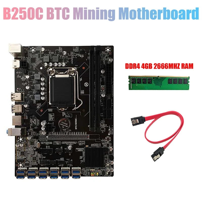 

B250C BTC Mining Motherboard+DDR4 4G 2666MHZ Memory 12XPCIE to USB3.0 Graphics Card Slot LGA1151 Computer Motherboard