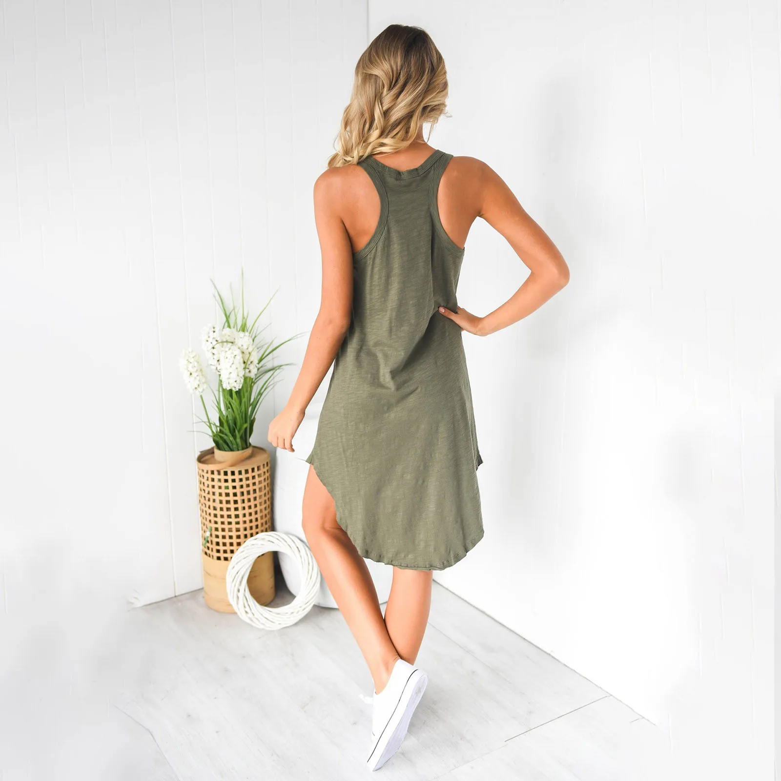 

Summer Women's Dress Fashion Solid Color Sleeveless O-Neck Loose Vest Dress Ladies Casual Mini Dress Vestidos De Verano#35