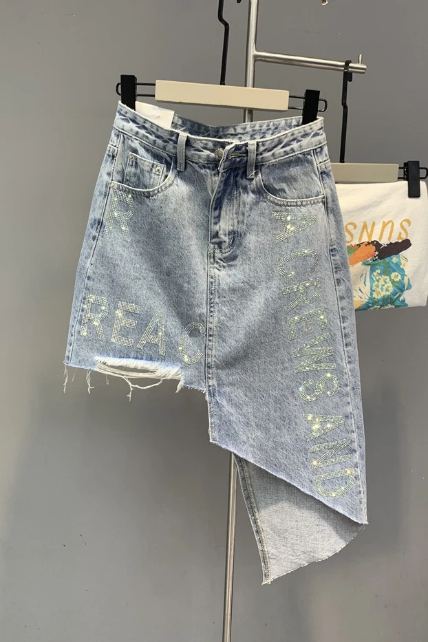 

2021 Summer New Letter Rhinestone Denim Skirt High Waist Hip Irregular Midi Skirt