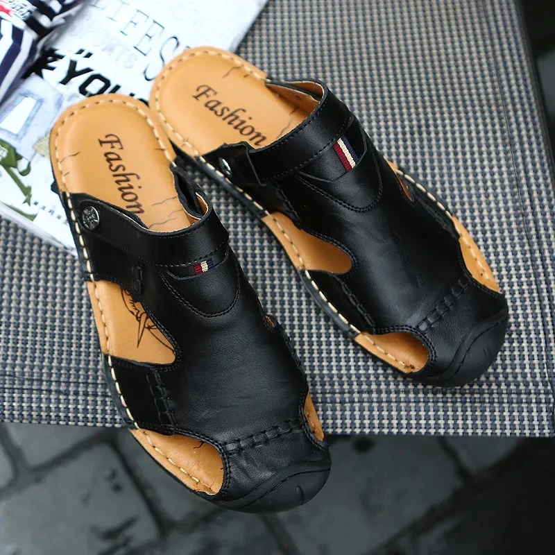 Men's Summer Leather Sandals Men's Breathable Leisure Men's Baotou Sandals Thick Soled Non Slip Beach Shoes Men's Fashion