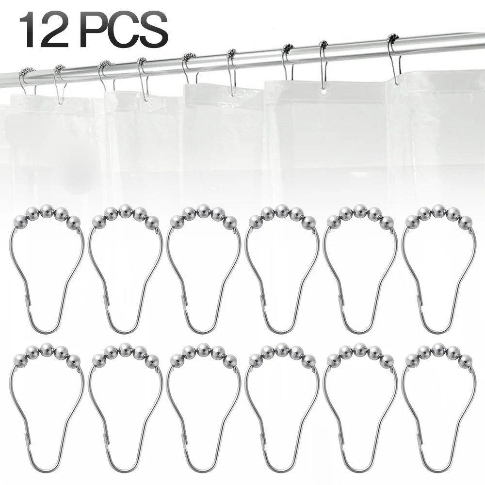 

12pcs Practical Bath Rollerball Shower Curtain Hooks Glide Rings Convenient Home Accessories