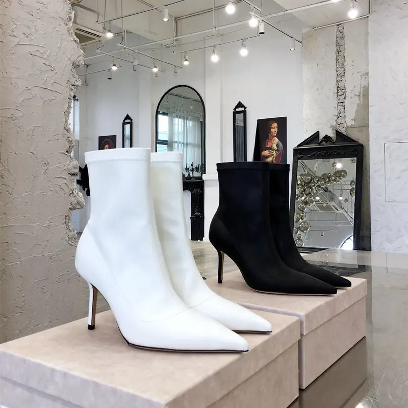 

Casual Designer Sexy Lady Vintage Fashion Women's Boots Black Genuine Leather Pointy Toe High Heels short Booties 85mm