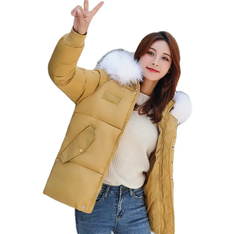 

Зимнее пальто женское короткое свободное желтое, 2020 г., новая модная Толстая хлопковая куртка с белым меховым воротником и капюшоном, теплая...