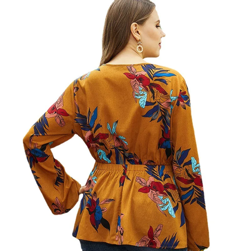 

Plus size women's spring autumn women's blouse print round neck lotus leaf sleeve oversized long sleeve elastic waist baby shirt