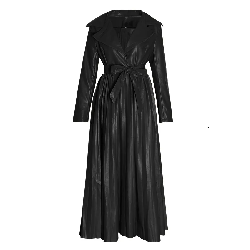 2019 Autumn Runway Woman PU Leather Coats High Waist Long Sleeve Pleated Sashes Elegant Tops | Женская одежда