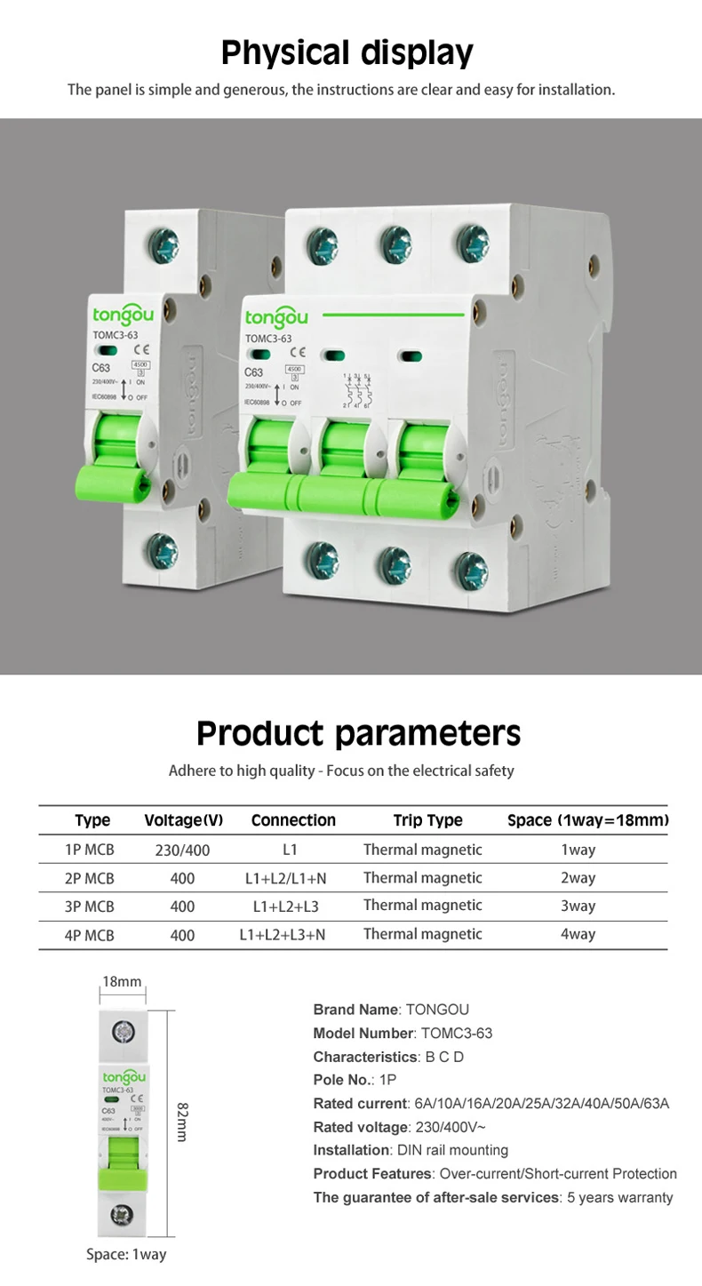 1P 2P 3P 4P 6A 10A 16A 20A 25A 32A 40A 50 63A кривая C MCB 110V 220V 4.5KA AC мини автомат защити цепи TOMC3-63