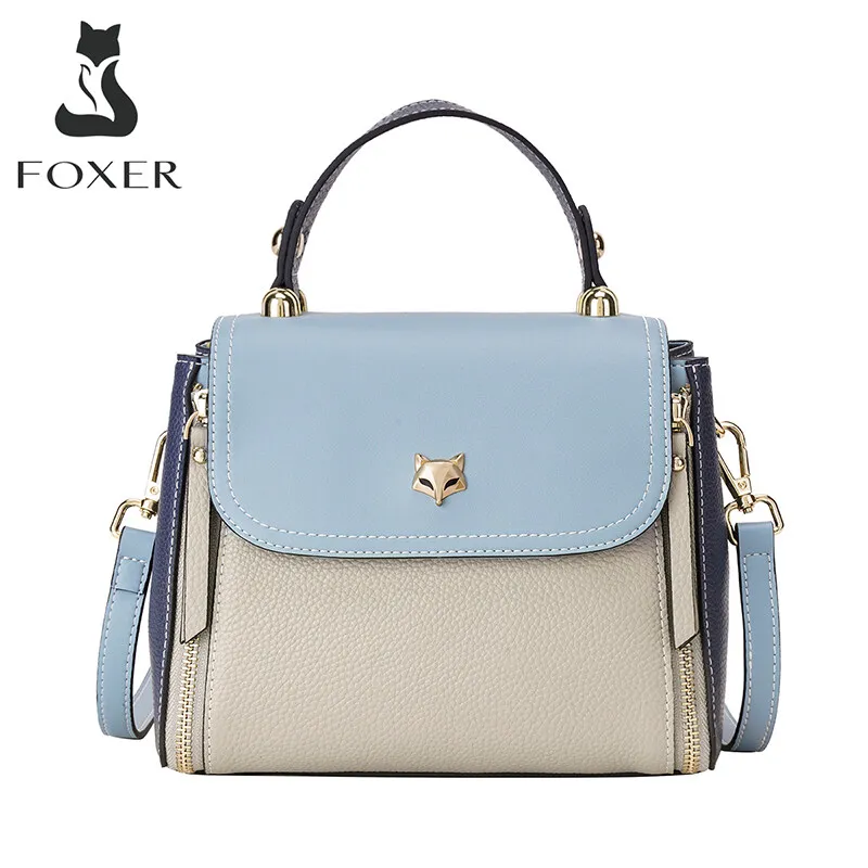 FOXER Women's Mini Totes England Style Casual Female Fashion Shoulder Messenger Bag Genuine Leather Lady Small Flap Handle Bags