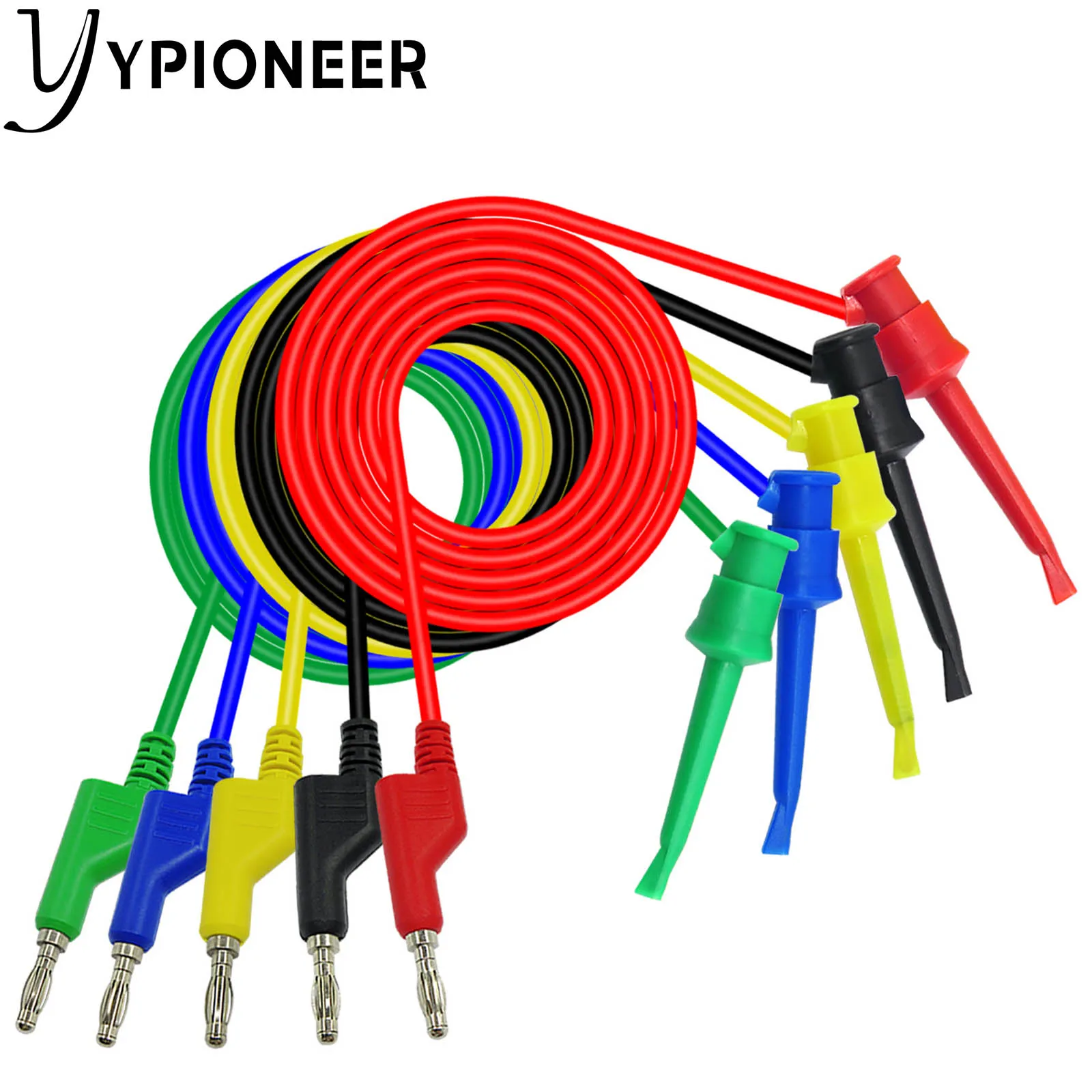 YPioneer P1045 5PCS 4mm Stackable Banana Plug to Mini Grabber Test Hook Clips Test Leads Cables Wires for Electrical Testing