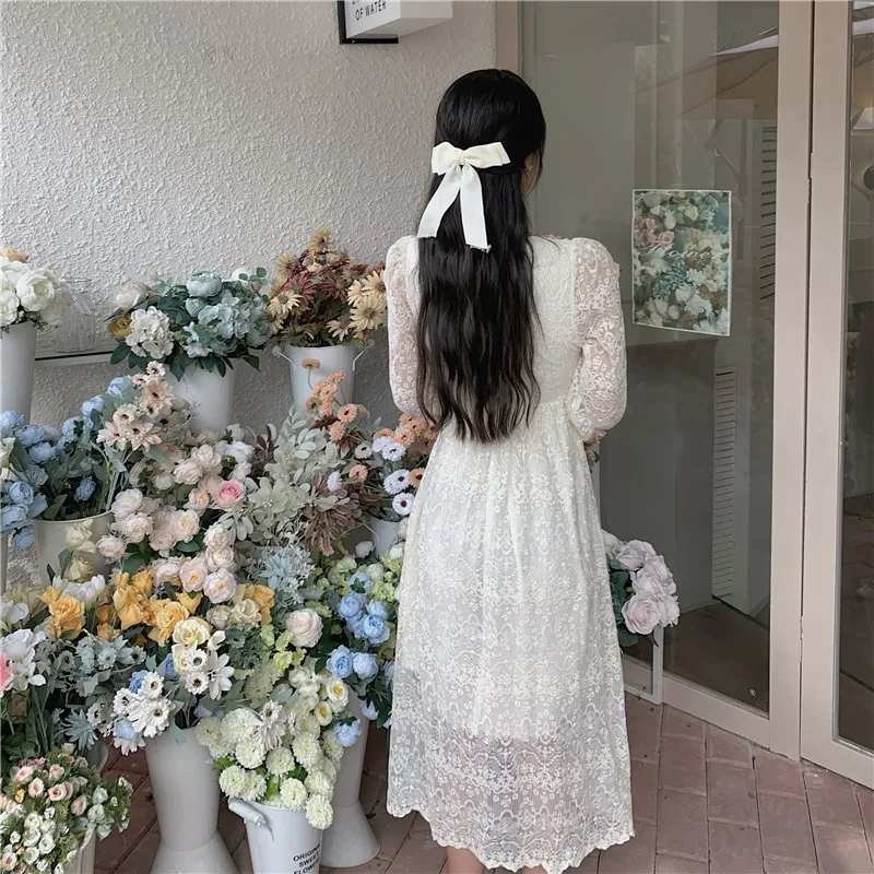 

Lace Fairy Elegant Dress Female Casual V-Neck Long Sleeve One-Piece Dress Women 2021 Autumn Korean Evening Party Vintage Dress