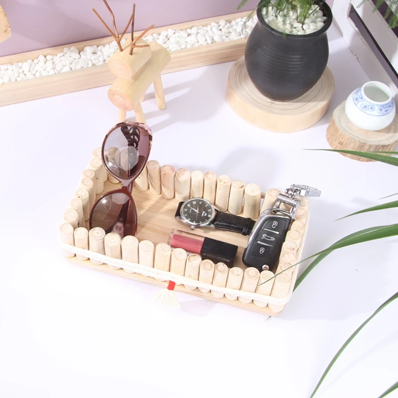 

652F Desktop Storage Box Cosmetic Organizer Wood Remote Control Case Sundries Holder Box Tray Home Decor