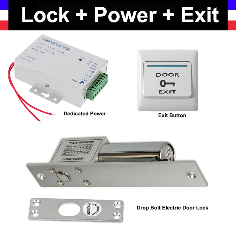 

Drop Bolt Electric Mortise Door Lock + Power Supply box + Door Exit Button for Video doorbell Door Access Control System