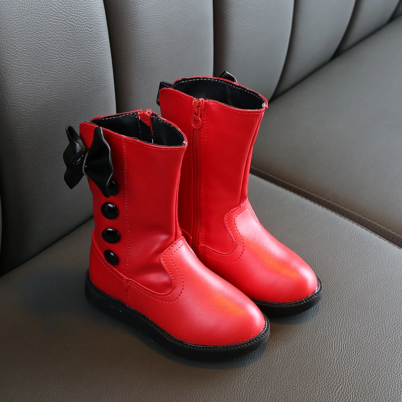 Зимние сапоги для девочек модные однотонные кожаные принцессы до колена теплые с