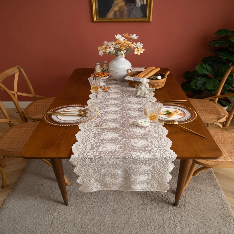

White Beige Lace Embroidered Flower Transparent Tablecloth Cover French Romantic Table Runner Home Party Outdoor Wedding Decor