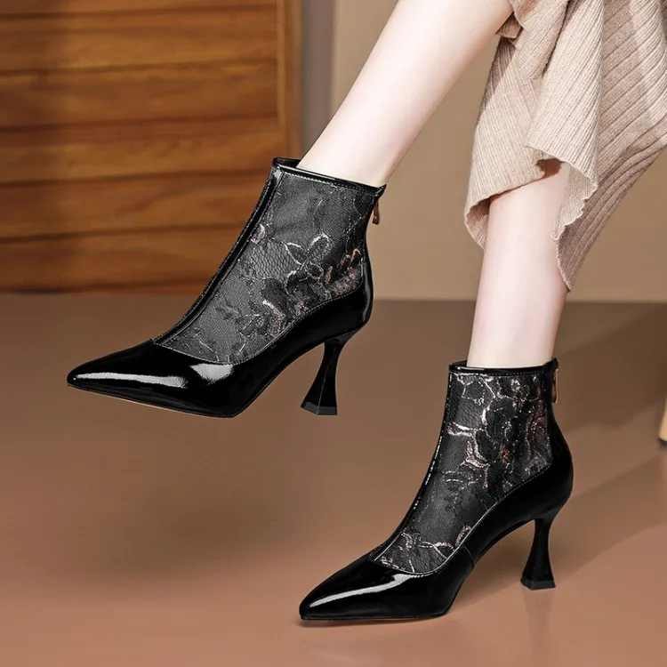 

MLJUESE 2020 women Ankle Boots Cow leather Floral Zippers Pointed Toe Summer Boots Cut-outs High Heels Women Boots Party Dress