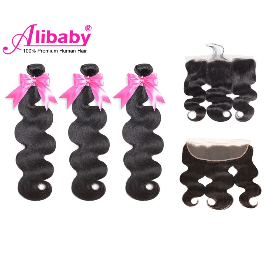 

Alibaby Human Hair Body Wave 3/4 Bundels with Closure Braziliaanse Hair Met Kant Frontale Sluiting 13X4 100% Remy Menselijk Haar