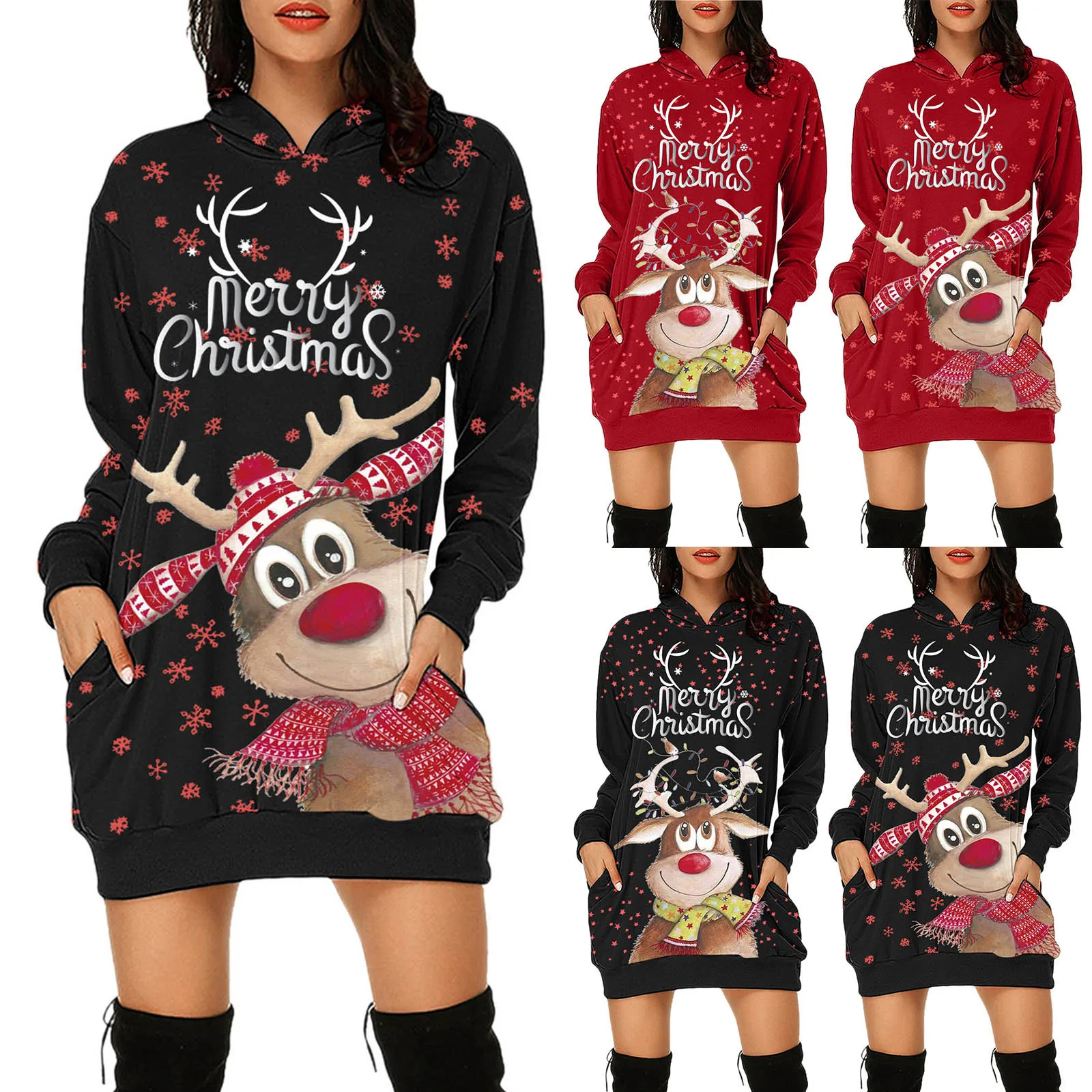 

Xmas Women's Dress Fashion Casual Merry Christmas Prints Bag Hip Pocket Long Sleeves Hoodies Sweatshirts Dresses With Pockets