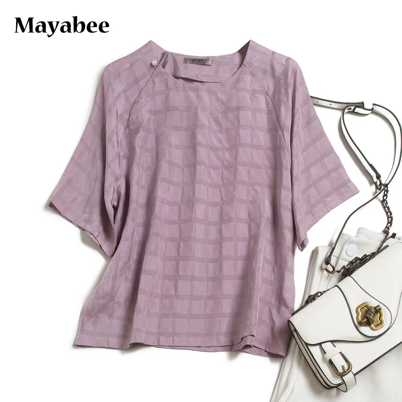 Spring And Summer Purple Plaid Retro Chinese Short-Sleeved Woman Blouse Silk Shirt 2021 Spring Summer New