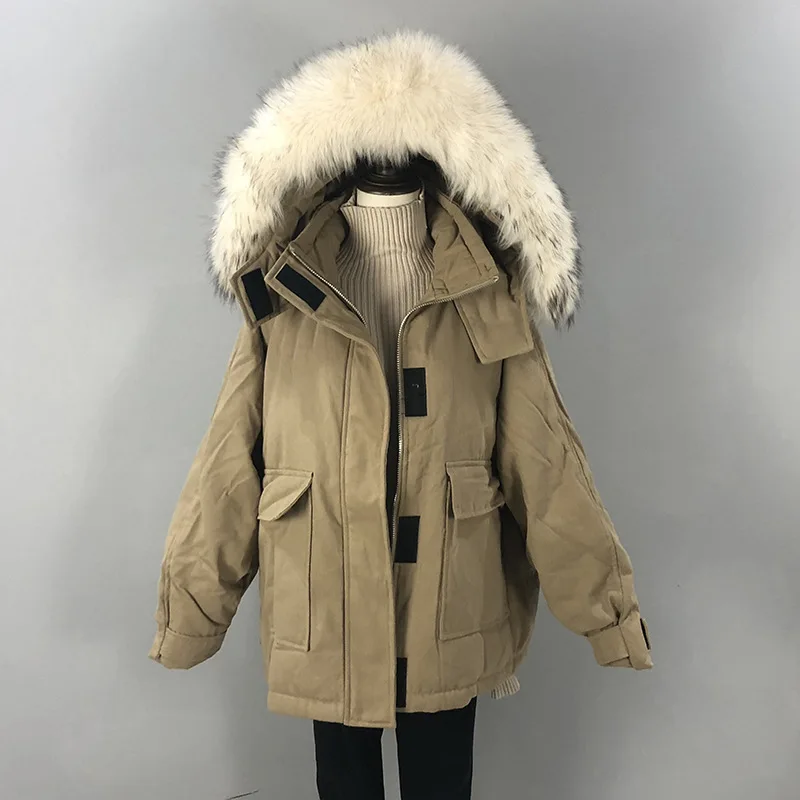 khaki-2 Большие размеры пуховик зимняя куртка женская куртка-пуховик обработанная Куртка пуховая куртка женская куртка с капюшоном и настоящим мехом Куртка "Сафари" - Цвет: khaki-2
