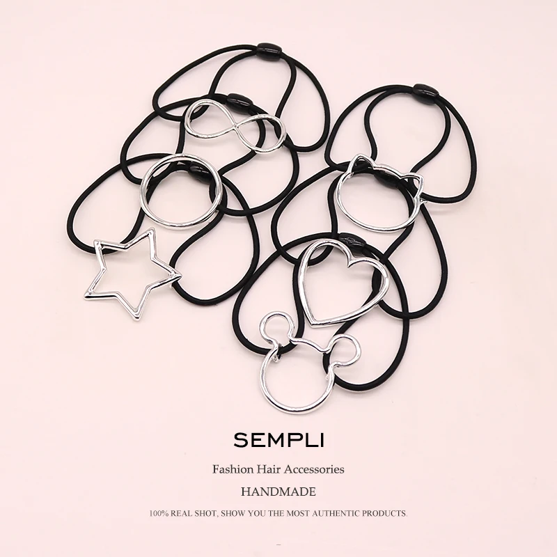 

Sempli 6 Shapes High Elasticity Rubber Band Silver Color Mickey Cat Heart Star Ring Classic Simple Women Hair Band Kid Children