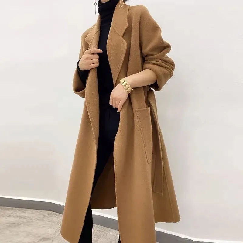 

Autumn Winter Woolen Coat For Women New Solid Color Lapel Long Wide Loose Fashionable Temperament Commuter Jacket Female ZM473