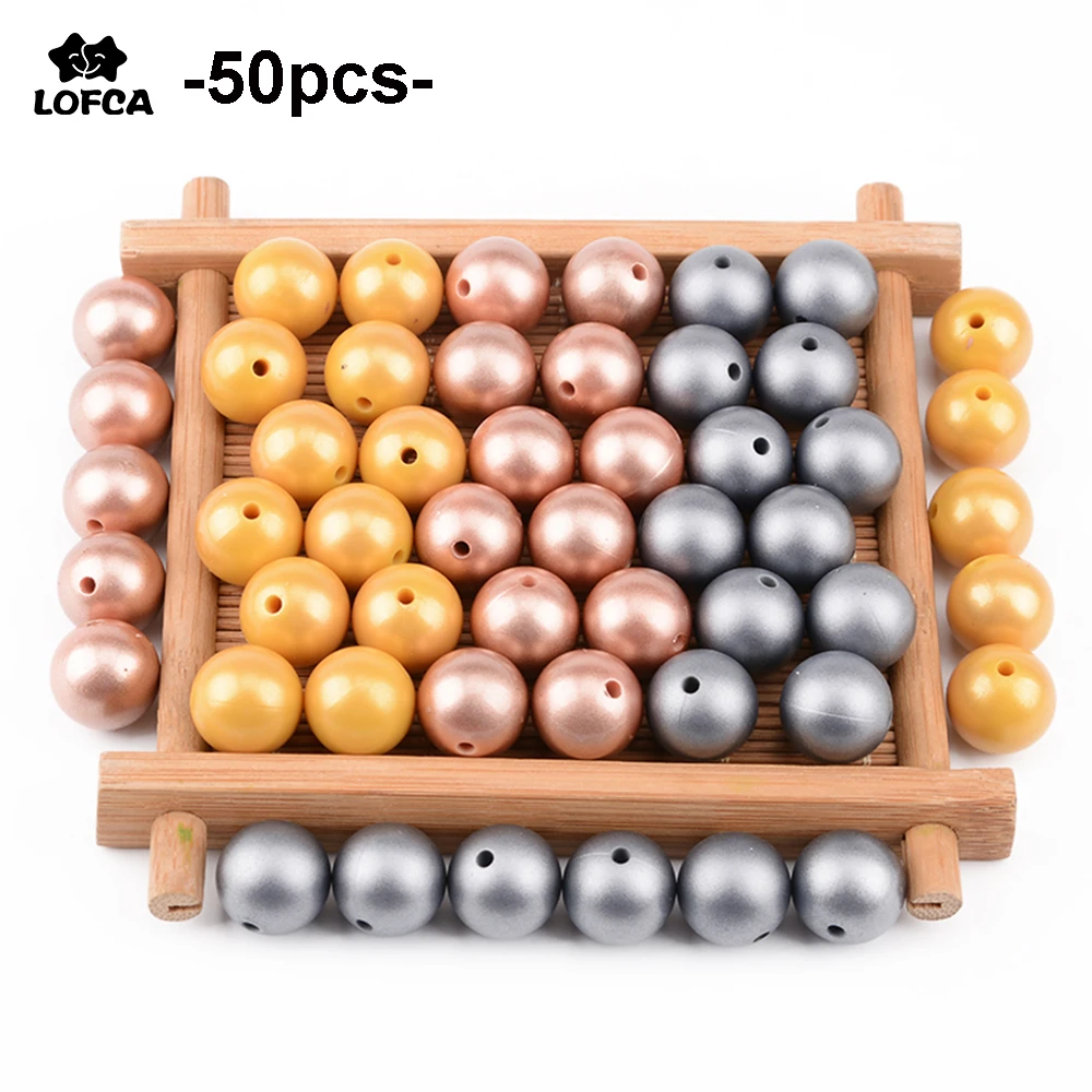 

LOFCA 50pcs 12mm/15mm/19mm Metallic Silver Print Golden Round Beads Silicone Teething Beads BPA Free Baby For Necklace DIY