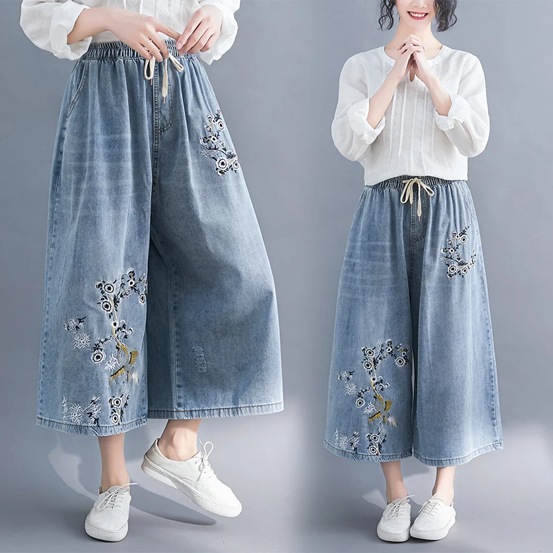 6385 Summer Oversize Women Jeans Fashion Vintage Chinese Style Floral Embroidery Casual Loose Wide Leg Calf-Length Denim Pants
