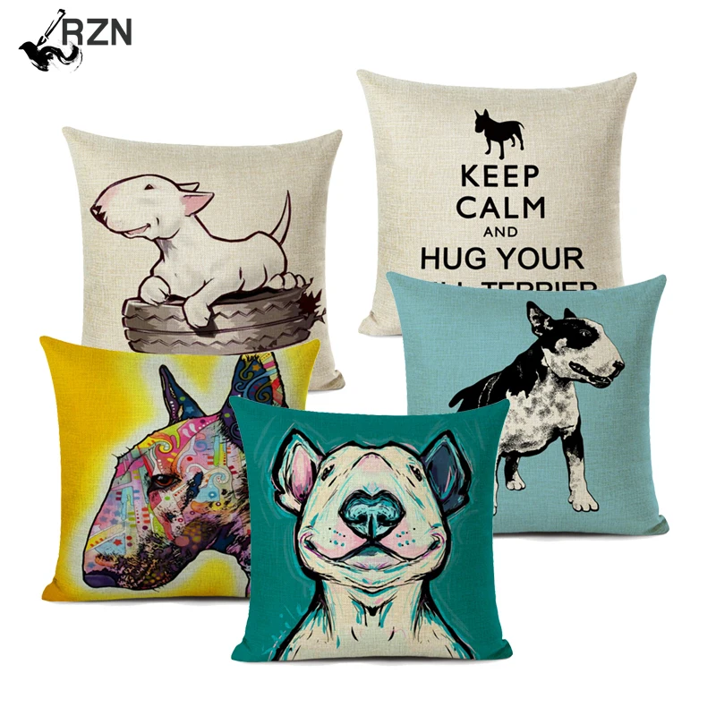 

Bull Terrier Cushion Cover Cute Dog Printed Linen Pillows Cover Car Sofa Decorative Pillowcase Home Decor Case 45x45cm