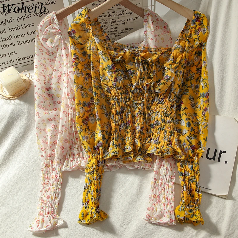 Женская блузка с цветочным принтом Woherb белая длинным рукавом лето 2020|Блузки| |