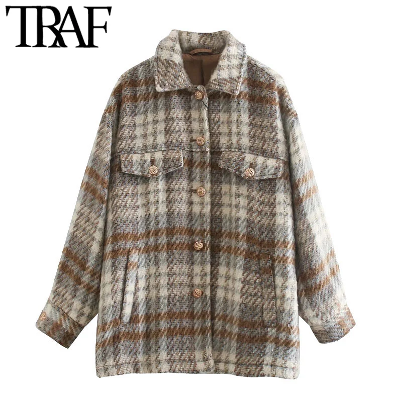 

TRAF Women Fashion With Metal Button Oversized Check Jacket Coat Vintage Long Sleeve Pockets Female Outerwear Chic Tops