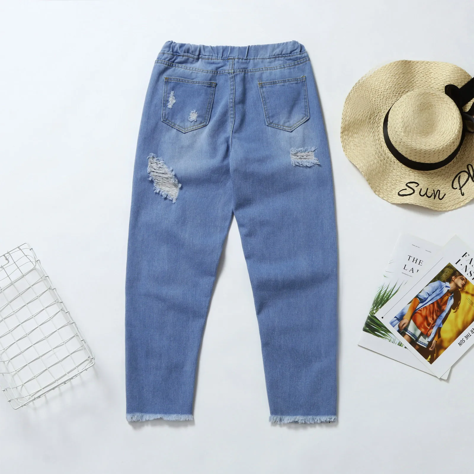 

Women Stretch Ripped Distressed Skinny High Waist Denim Pants Shredded Jeans Trousers Slim Jeggings Laides Summer Wear