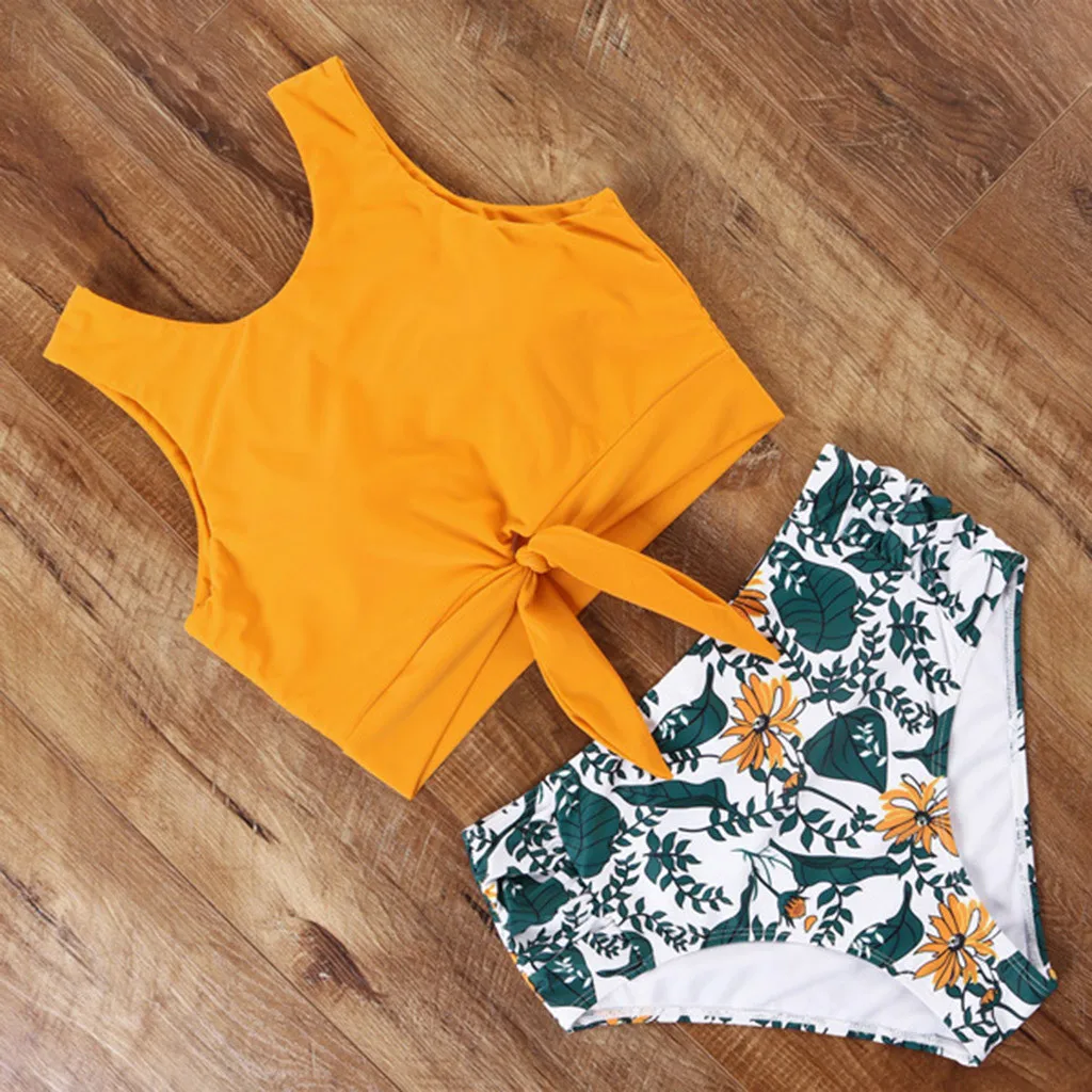 

2021 New Flower Bikini Set Two Piece Swimsuit Women Bathing Suit Female Swimwear Beach Wear High Waist Tankini Biquini Plus Size
