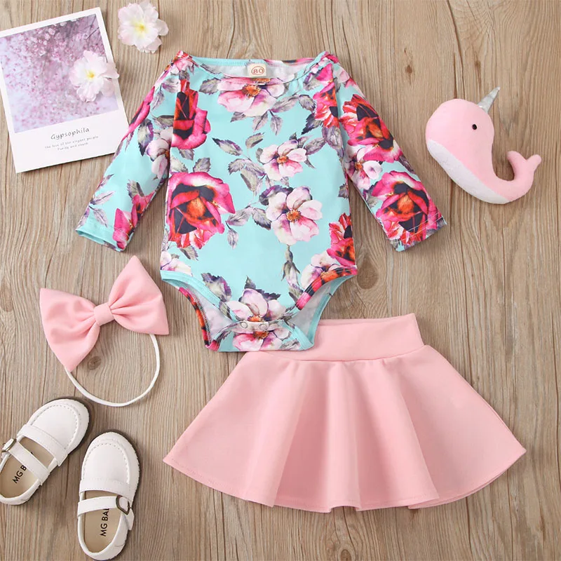 

2021 Spring and autumn Baby Girl Clothes Set 3-36M Print Flowers Long sleeve Short skirt Headband 3Pcs Toddler Kids Outfits