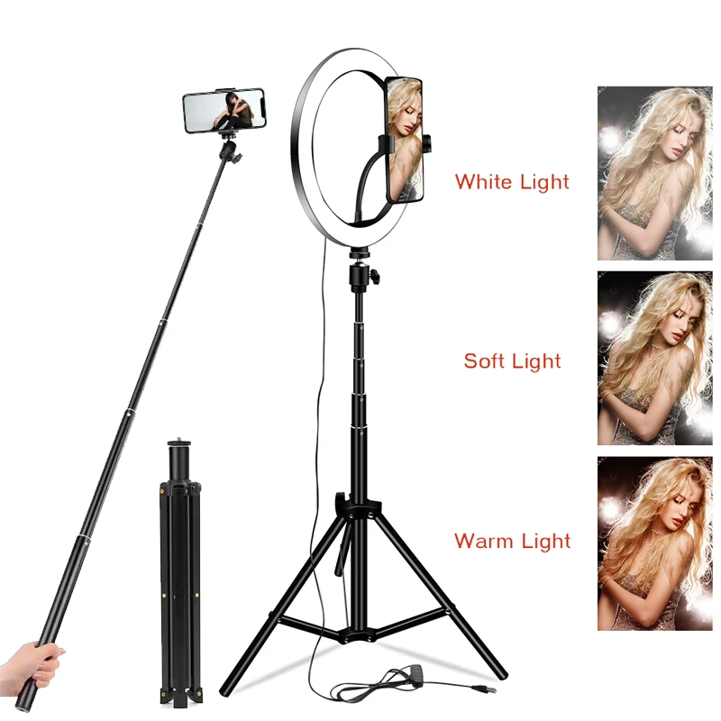 

phone LED Selfie Ring Light 26cm Tripod Ringlight With Extendable Stand 130cm Photo Light for Makeup Live Youtube Video Lamp