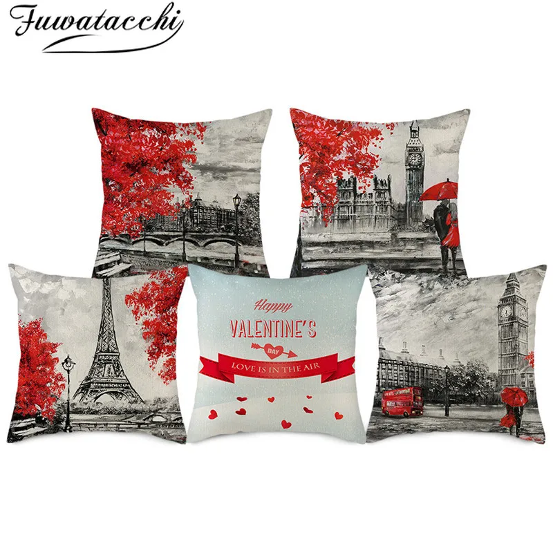 Чехол для подушки Fuwatacchi из чистого льна красная наволочка с узором в виде сердца