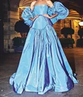 Саудовская Аравия арабское небесно-голубое длинное вечернее платье из тафты платья с большим бантом Выпускные платья без бретелек с открытыми плечами А-силуэта