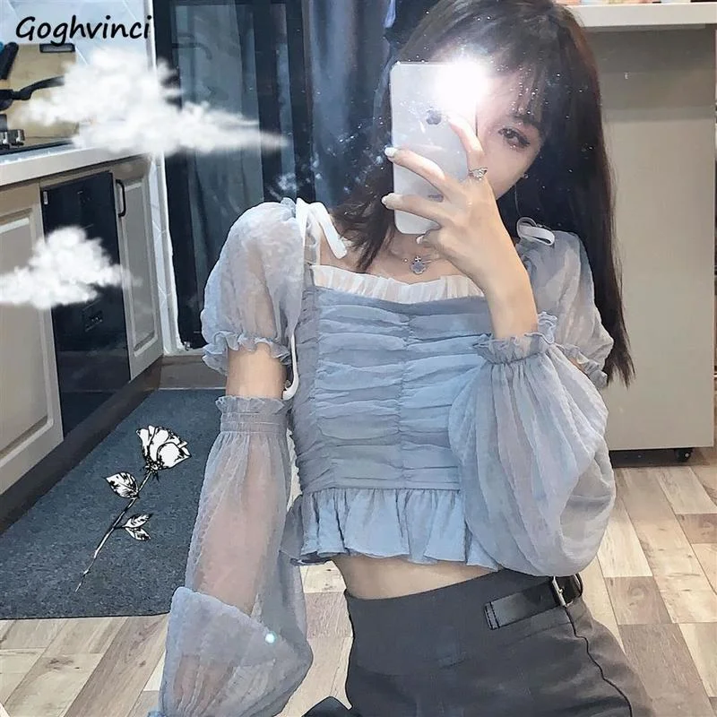 

Blouses Women Slim Summer Ruffles Retro Sweet Casual All-match Puff Sleeve Crops Chic Lady Patchwork Thin Sexy Ulzzang Girl Tops