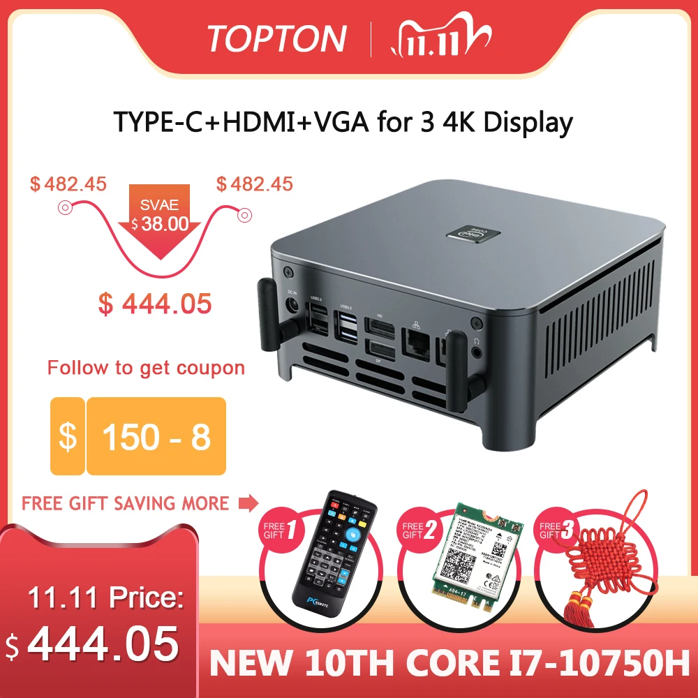 Мини-ПК Topton 10-го поколения Intel Core i7 10750H 6-ядерный 12 потоков Windows 10 pro Liunx настольный