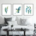 Птица и перья 2 набор отпечатков, набор для настенной галереи из 3 художественных рисунков, колибри, желтая мятно-зеленая Акварельная живопись, искусство
